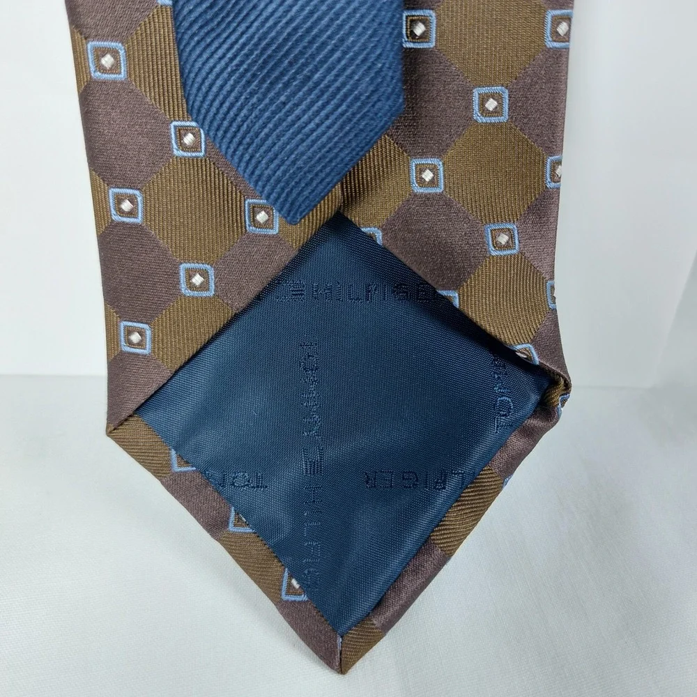 Tommy Hilfiger Necktie‎ Brown Blue Geometric Dot 100% Silk Tie 3.5